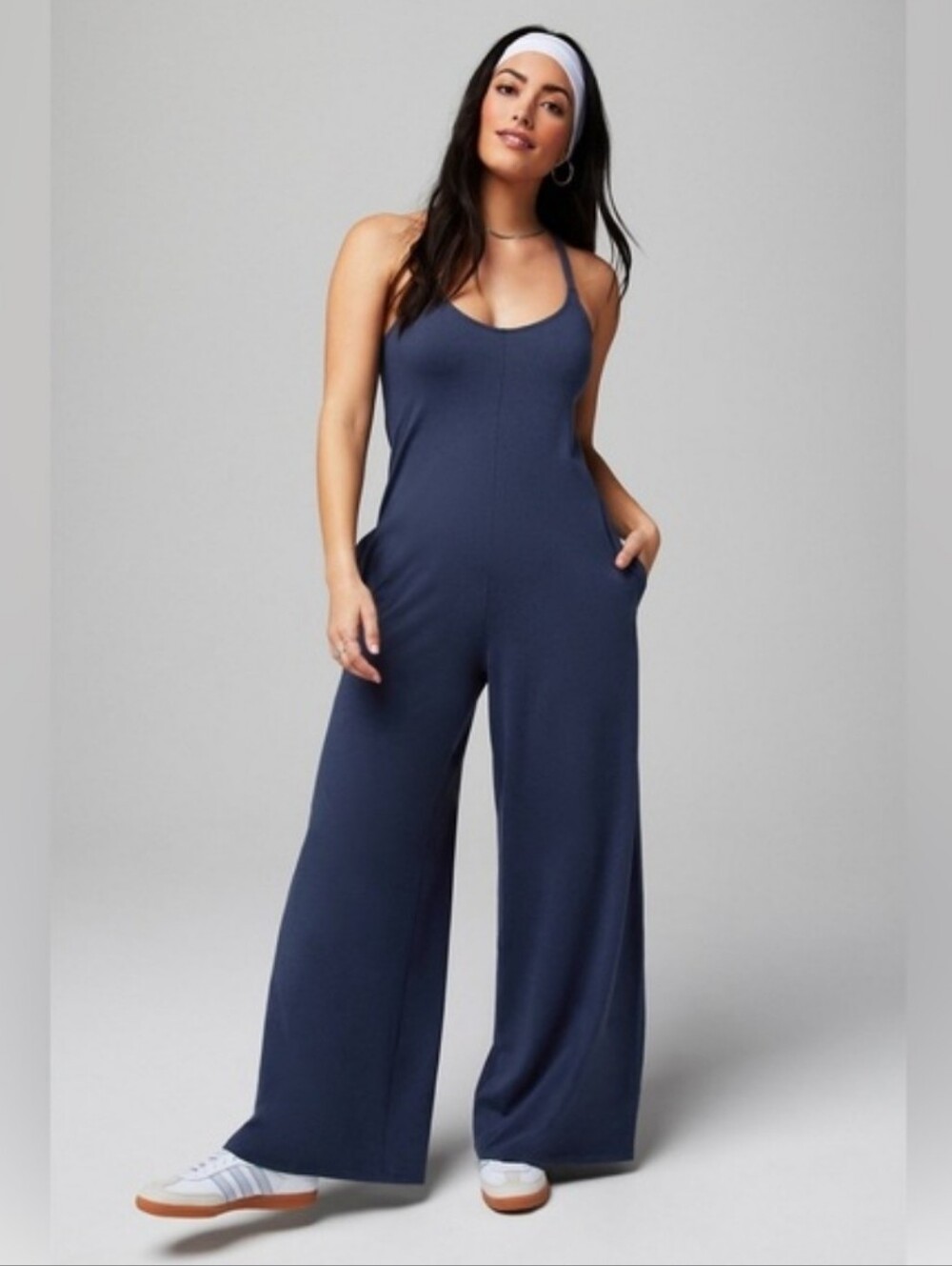 Fabletics Size Large Deep Navy Heather Cloud Jersey Wide LegJumpsuit